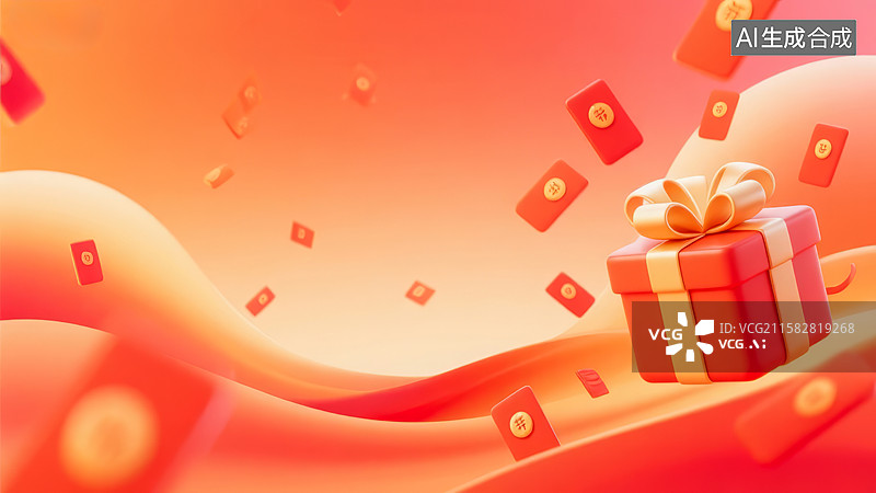 【AI数字艺术】大礼盒红包飞舞电商背景图片素材