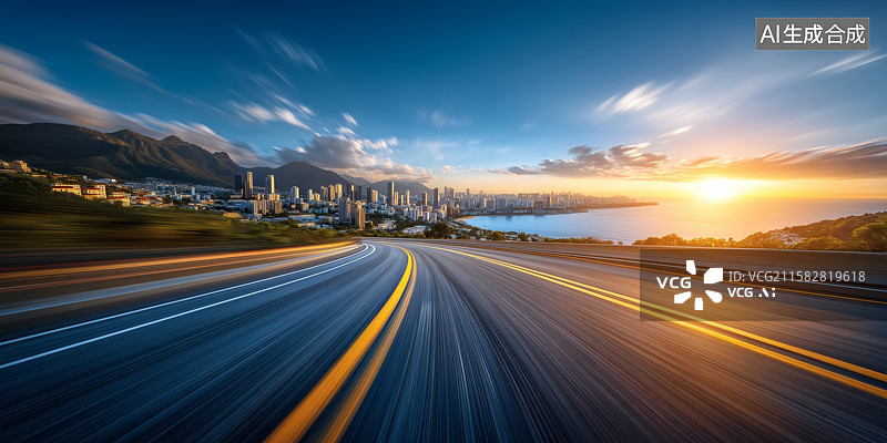 【AI数字艺术】日落时分沿海公路城市天际线景观图片素材