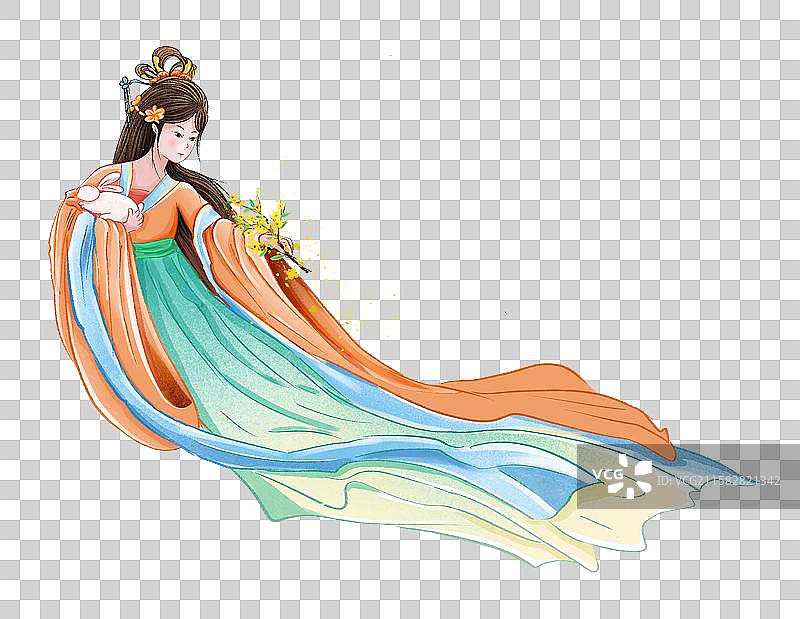 抱着玉兔手拿桂花的古风女子 婵娥飞天，中秋节节日元素图片素材