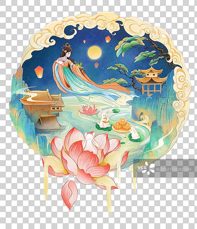 国潮风中秋节元素 嫦娥抱着玉兔飞舞在满月旁 桂花飘香 吃月饼赏月赏荷花山水画 祥云围绕图片素材