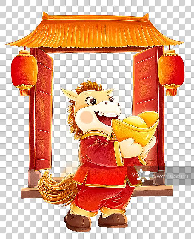 国潮风春节插画 开门迎财 金马贺岁图 3D卡通IP形象元素 金马抱金元宝元素图片素材