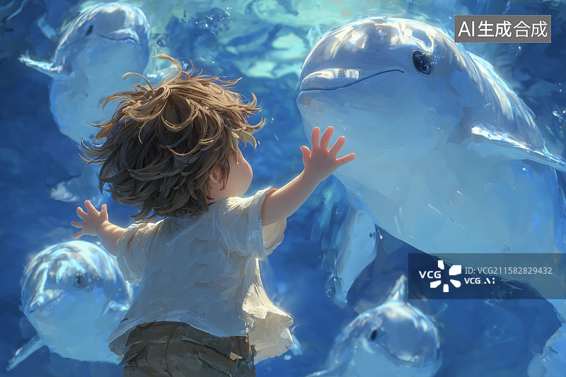 【AI数字艺术】人,男孩,儿童,海洋,动物,3D,海豚,海洋世界,夏天,蓝色,开心,背影,触摸,互动,奇妙,探索,梦图片素材