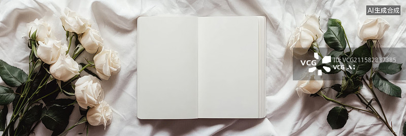【AI数字艺术】优雅花卉笔记本俯视空白日记本被百合和玫瑰环绕浪漫场合、商务会议创意项目多用途模板贺卡、横幅和书籍封面图片素材