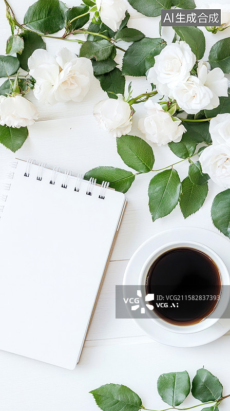 【AI数字艺术】优雅花卉笔记本俯视空白日记本被玫瑰环绕浪漫场合、商务会议和创意项目多用途模板贺卡、横幅和书籍封面图片素材