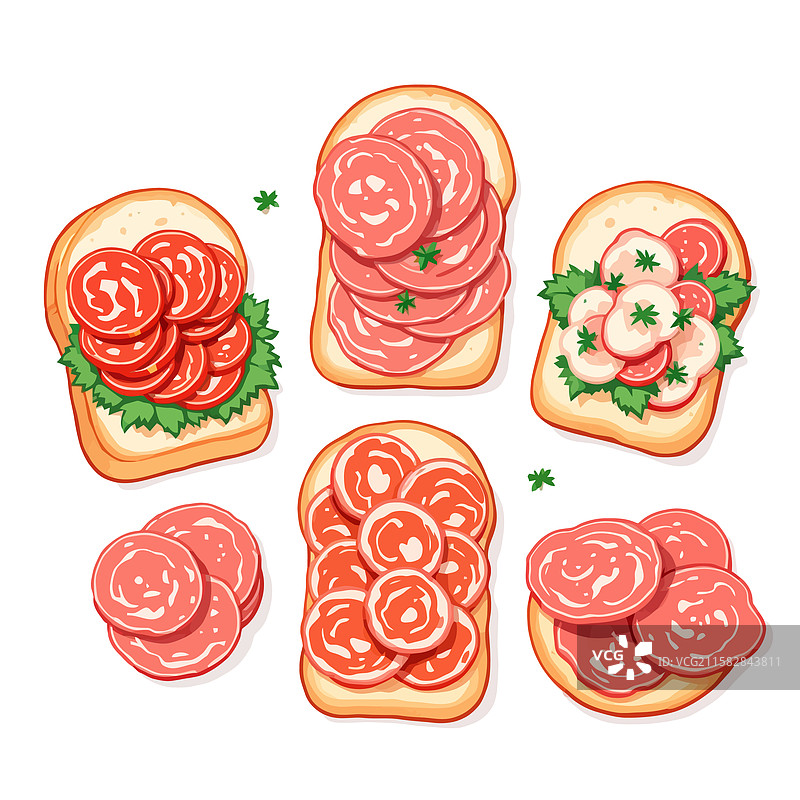 切片香肠装饰各种烤面包图片素材
