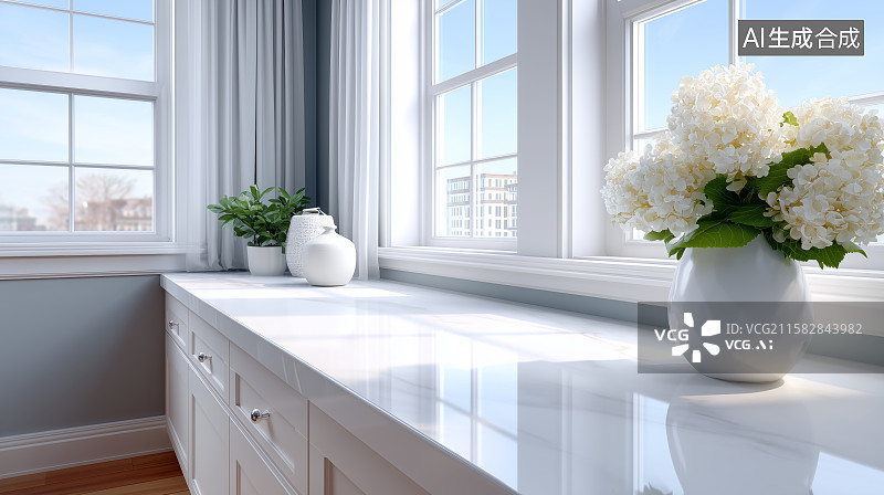【AI数字艺术】室内窗边大理石台面与绿植装饰图片素材