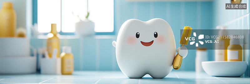 【AI数字艺术】可爱卡通牙齿角色推广口腔卫生明亮浴室环境中微笑手持牙间刷欢快有趣的儿童和成人口腔护理教育图片素材