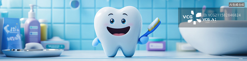 【AI数字艺术】可爱卡通牙齿角色推广口腔卫生明亮浴室环境中微笑手持牙间刷欢快有趣的儿童和成人口腔护理教育图片素材