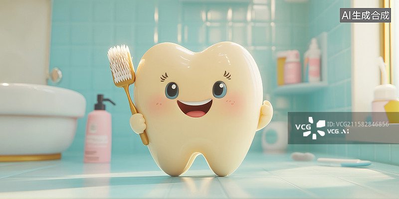 【AI数字艺术】可爱卡通牙齿角色推广口腔卫生明亮浴室环境中微笑手持牙间刷欢快有趣的儿童和成人口腔护理教育图片素材