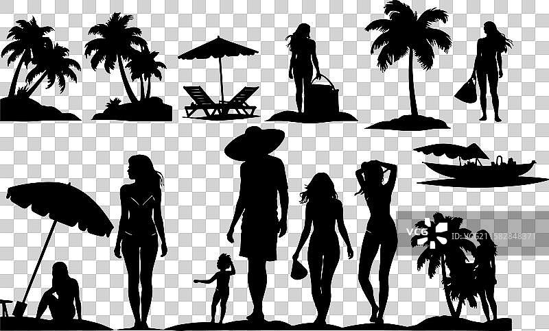 热带天堂剪影 - 棕榈树与海浪图片素材