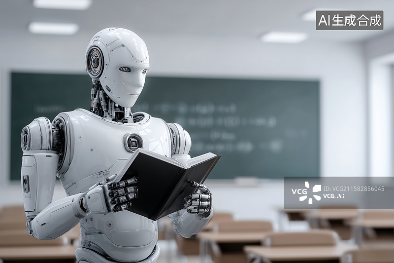 【AI数字艺术】类人机器人在教室阅读书籍图片素材