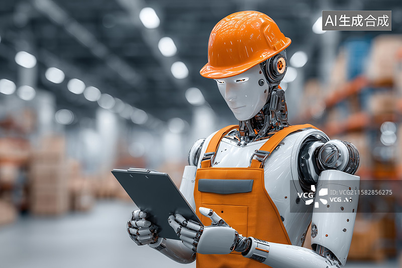 【AI数字艺术】橙色安全帽机器人在仓库使用平板电脑图片素材