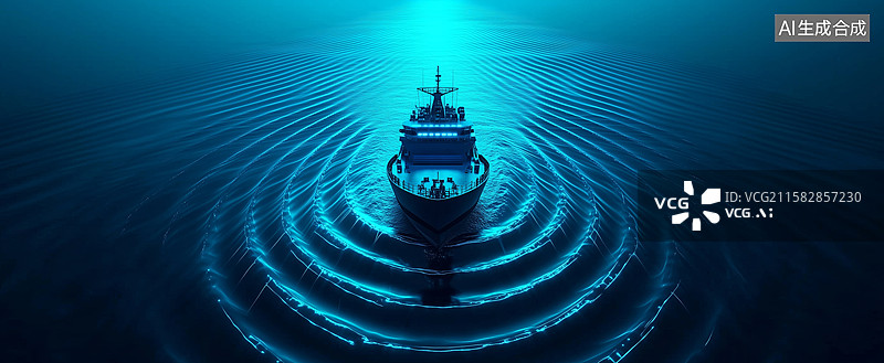 【AI数字艺术】蓝色发光轮船在海面留下波纹轨迹图片素材