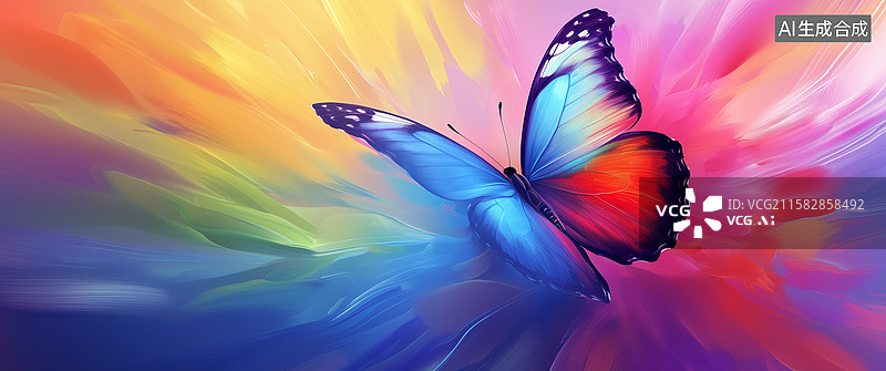 【AI数字艺术】色彩斑斓的蝴蝶在彩虹背景中飞翔图片素材