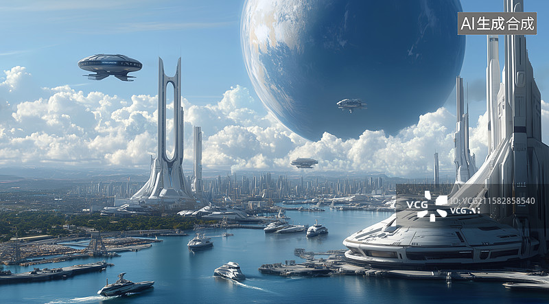 【AI数字艺术】未来城市与巨型星球图片素材