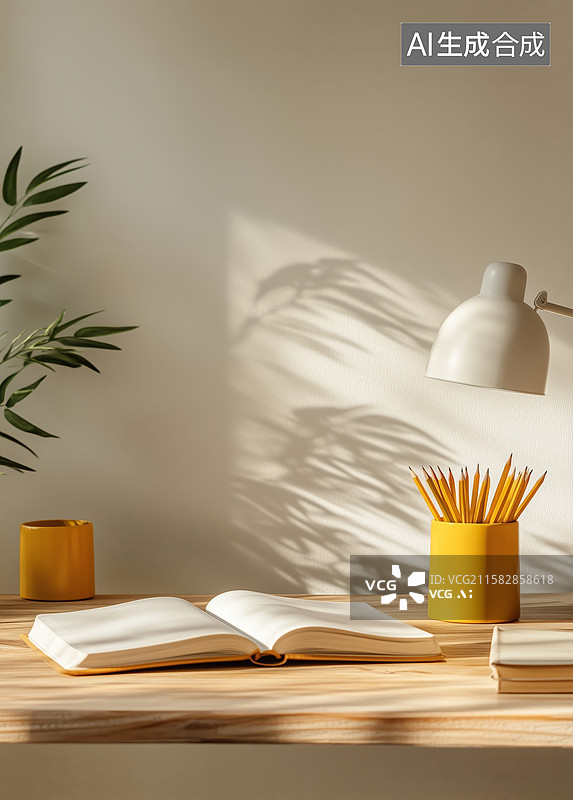 【AI数字艺术】书桌上的书籍与文具图片素材