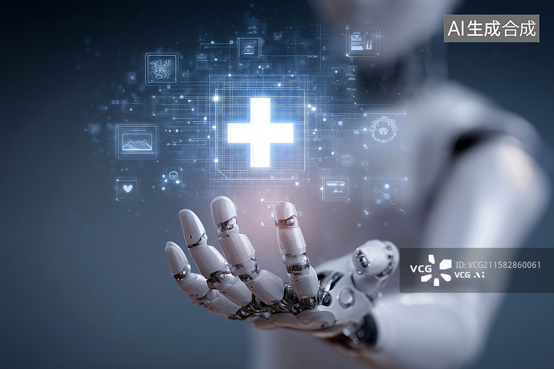 【AI数字艺术】人工智能机器人手持医疗十字标志图片素材