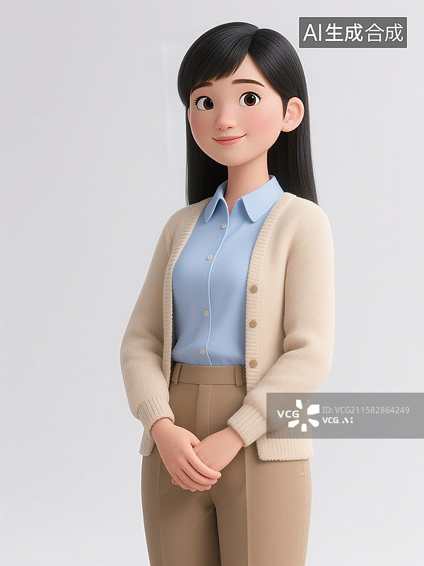 【AI数字艺术】一位穿着蓝色衬衫、米色开衫和棕色裤子的卡通班主任站立着，双手交叠图片素材