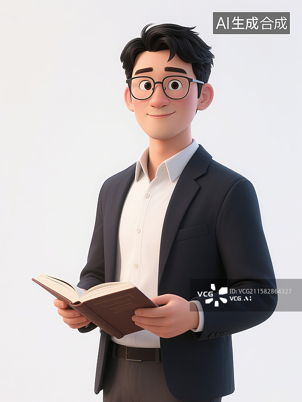 【AI数字艺术】一位戴眼镜的男教师穿着西装手持书本，面带微笑图片素材