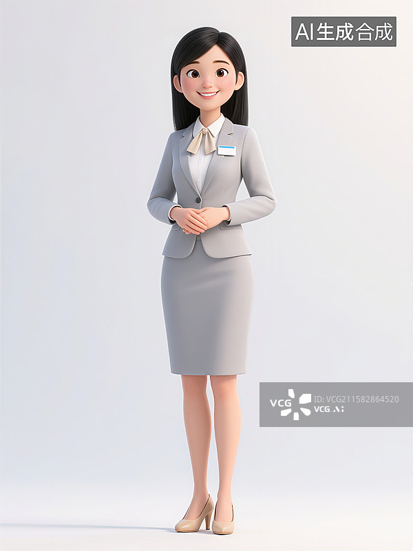 【AI数字艺术】一位穿着灰色职业套装的女性白领站立微笑，双手交叉在身前图片素材