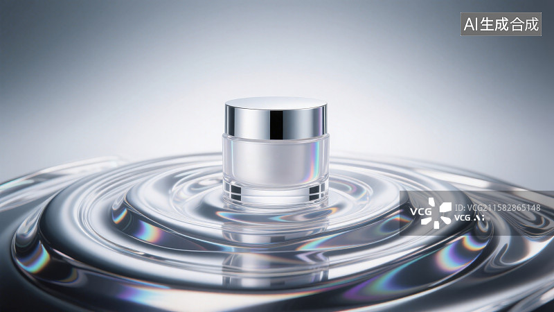 【AI数字艺术】镭射效果旋转环绕流体在下方旋转环绕中间放置一款护肤品图片素材