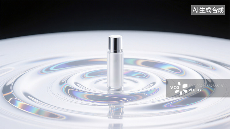 【AI数字艺术】镭射效果旋转环绕流体在下方旋转环绕中间放置一款护肤品图片素材