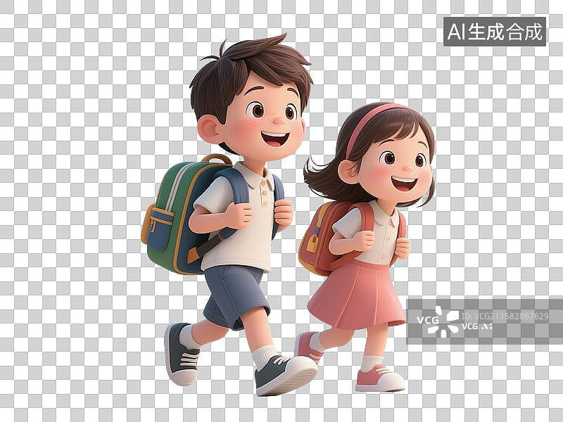 【AI数字艺术】3D渲染卡通人物，背着书包的两个小学生，儿童，童年，儿童节，二孩家庭，上学，开学季，免抠元素图片素材