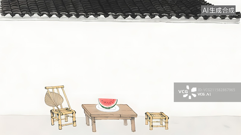 【AI数字艺术】水墨画1盛夏墙角下桌子上切好的的西瓜与淡雅背景图片素材