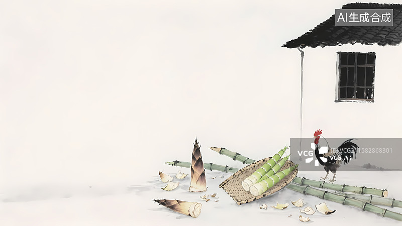 【AI数字艺术】水墨画1竹笋与大公鸡与淡雅背景图片素材