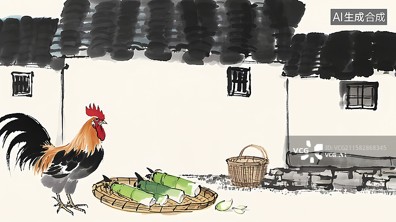 【AI数字艺术】水墨画1竹笋与大公鸡与淡雅背景图片素材