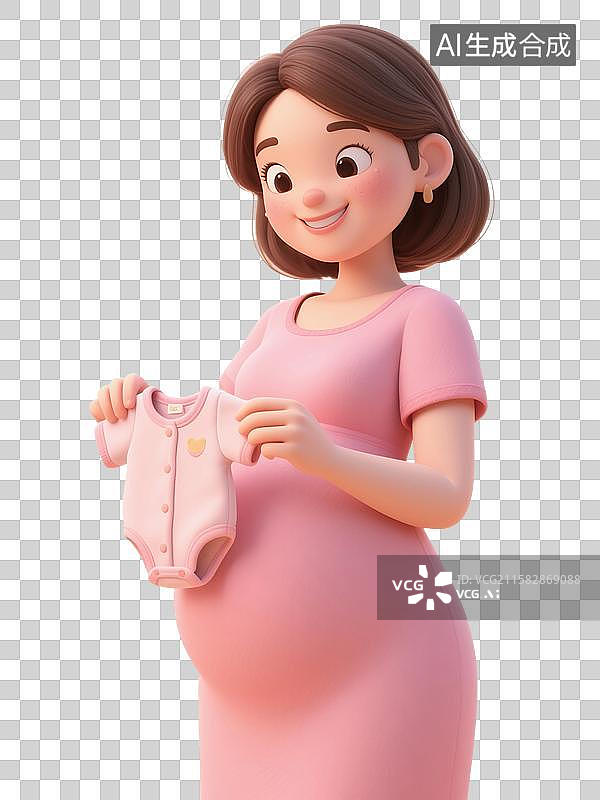 【AI数字艺术】3D渲染卡通人物，一个孕妇，手里拿着婴儿的衣服，怀孕，孕育，女性，母婴，妇科，产科，免抠元素图片素材