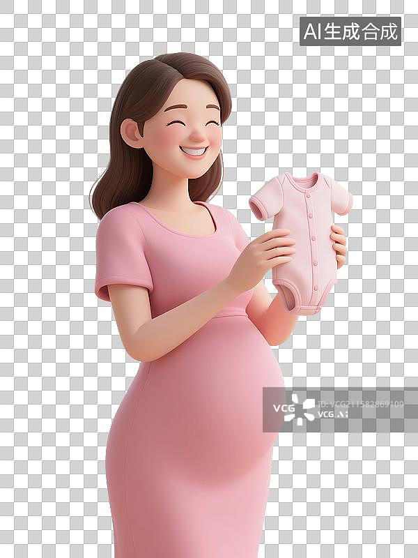 【AI数字艺术】3D渲染卡通人物，一个孕妇，手里拿着婴儿的衣服，怀孕，孕育，女性，母婴，妇科，产科，免抠元素图片素材