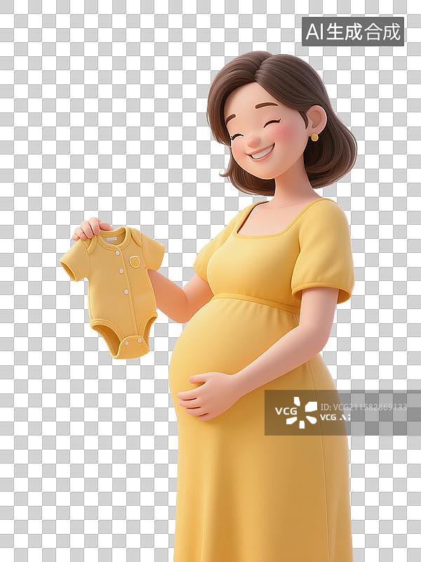 【AI数字艺术】3D渲染卡通人物，一个孕妇，手里拿着婴儿的衣服，怀孕，孕育，女性，母婴，妇科，产科，免抠元素图片素材
