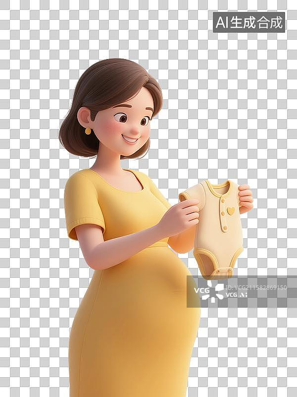 【AI数字艺术】3D渲染卡通人物，一个孕妇，手里拿着婴儿的衣服，怀孕，孕育，女性，母婴，妇科，产科，免抠元素图片素材