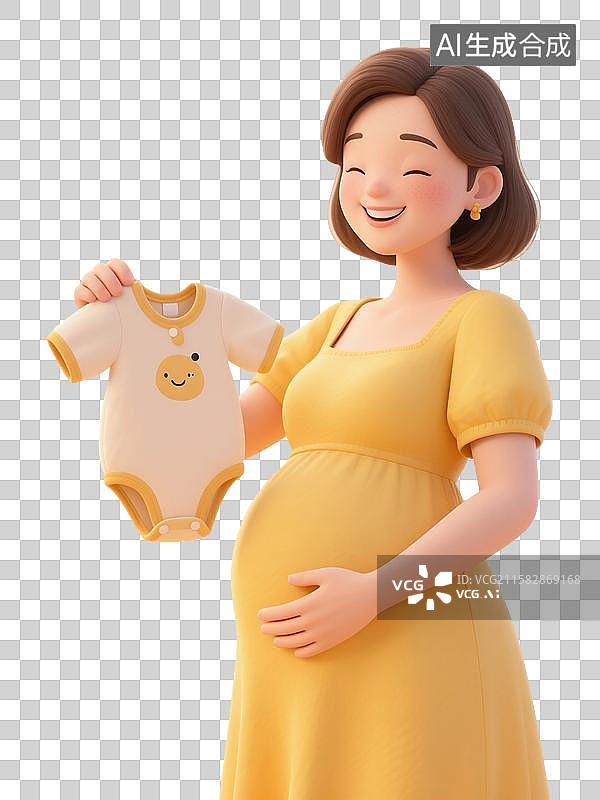 【AI数字艺术】3D渲染卡通人物，一个孕妇，手里拿着婴儿的衣服，怀孕，孕育，女性，母婴，妇科，产科，免抠元素图片素材
