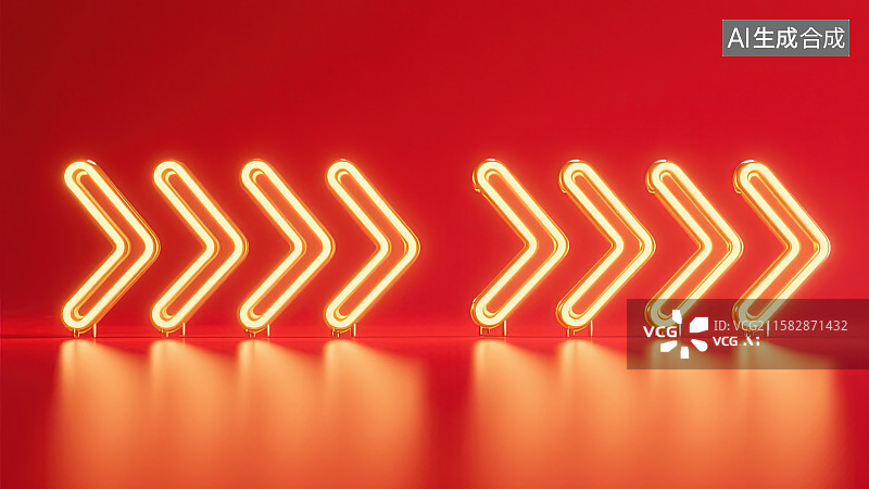【AI数字艺术】红色背景下由金色霓虹灯光组成的一排整齐排列指向画面右侧的箭头图片素材