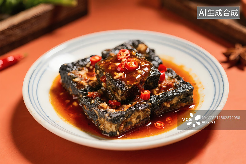 【AI数字艺术】白色餐盘中的油炸臭豆腐，上面的辣椒酱图片素材