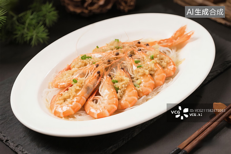 【AI数字艺术】白色餐盘中美味的蒜蓉粉丝虾图片素材