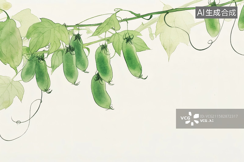 【AI数字艺术】藤蔓上的绿色蔬菜荷兰豆插画，下方留白图片素材
