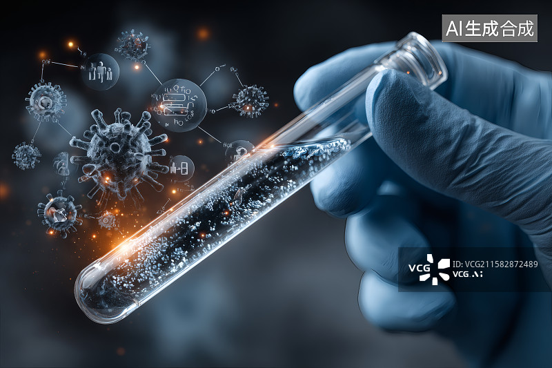 【AI数字艺术】带着手术手套，手拿试管，病毒研究实验图片素材