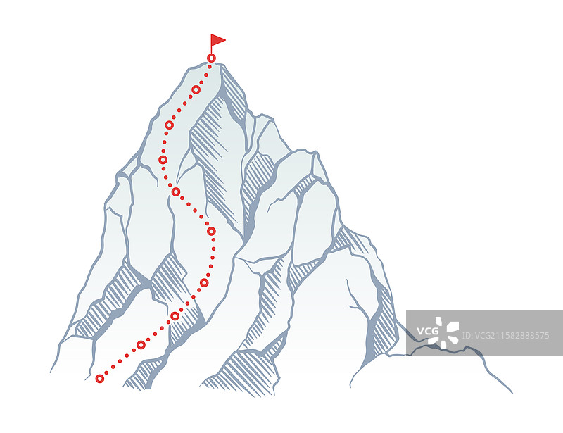 通往顶岩的登山路线，标有红旗图片素材