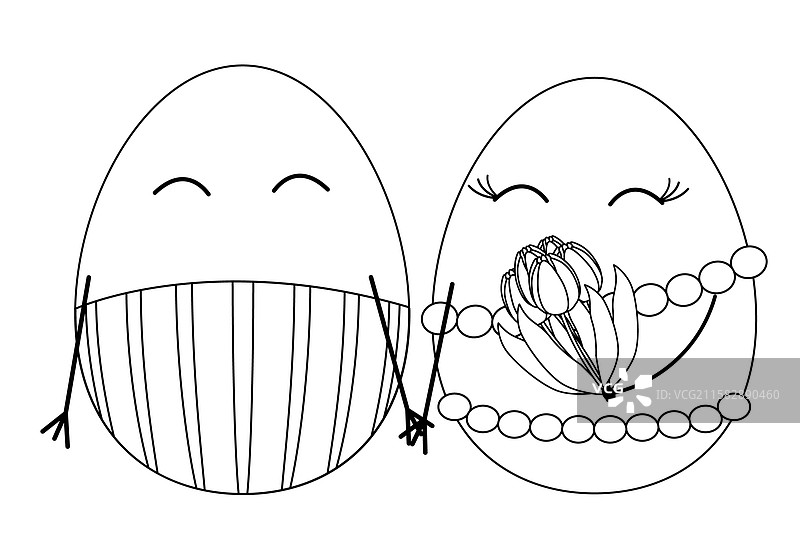 可爱的复活节彩蛋情侣手牵手 - 着色图片素材