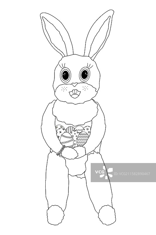 可爱的复活节兔子涂色页，手里拿着彩蛋图片素材