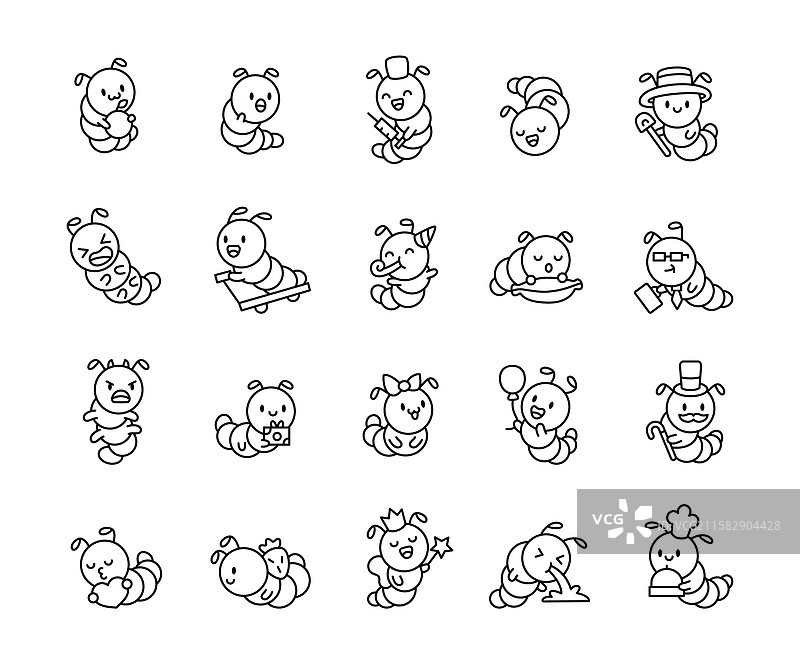 可爱的毛毛虫套装，包含各种不同的毛毛虫图片素材