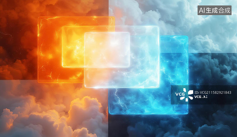 【AI数字艺术】色彩方块与云层交织的抽象景象图片素材