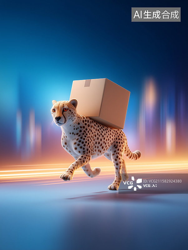 【AI数字艺术】猎豹驮着一只纸箱奔跑在城市街头图片素材