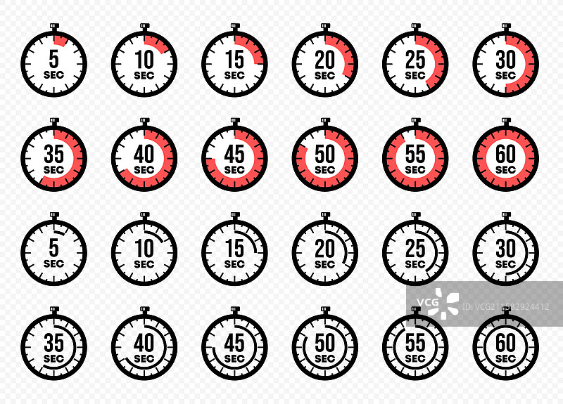 计时器显示从5到60秒的设计图片素材