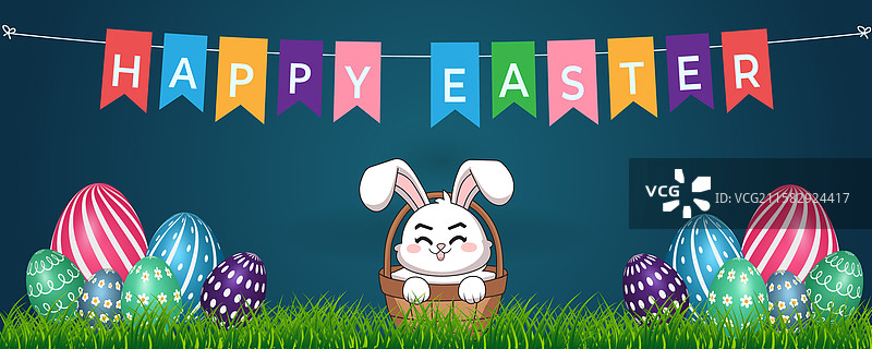 可爱的兔子和鸡蛋的快乐复活节背景图片素材