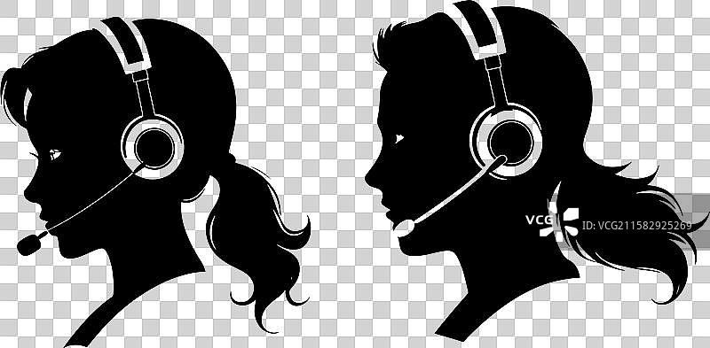 一组呼叫中心操作员的剪影 - 佩戴耳机图片素材