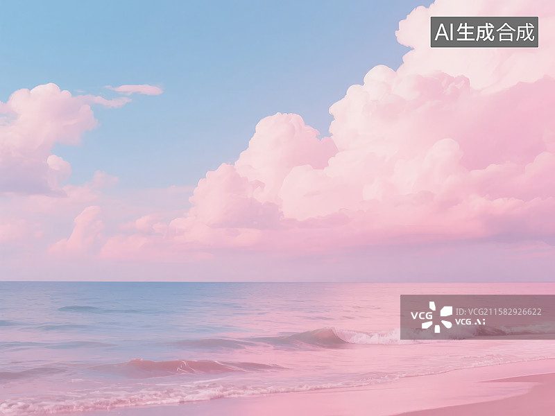 【AI数字艺术】粉色云朵下的宁静海滩图片素材